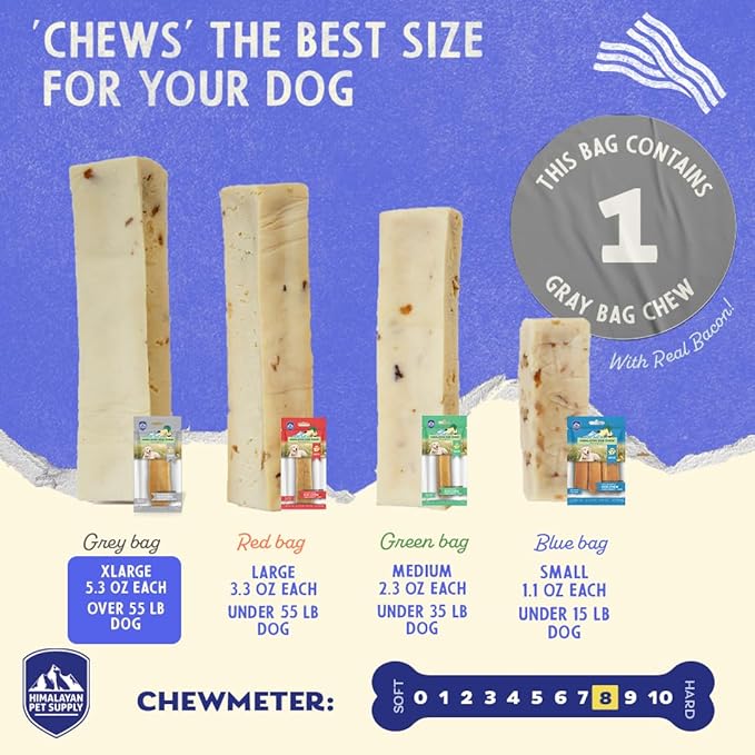 Himalayan Dog Chew Premium Yak Cheese Himalayan Dog Chews, Bacon, 1 X-Large Treat, 3.3 oz, Dog Treats Large Breed, All Natural, Long Lasting Dog Chews for Aggressive Chewers, Dogs Under 55 lbs