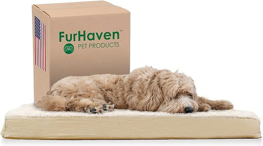 Furhaven Cooling Gel Dog Bed for Large/Medium Dogs w/ Removable Washable Cover, For Dogs Up to 55 lbs - Ultra Plush Faux Fur & Suede Mattress - Cream, Large