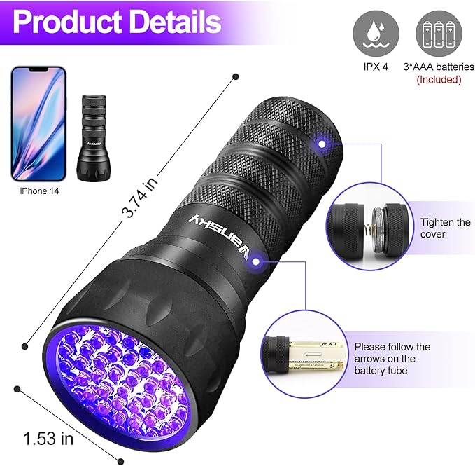 Black Light UV Light Flashlight, 21 LED 395nm Ultraviolet Blacklight Flashlight Mini Pet Urine Detector for Dog/Cat, Dry Stains, Resin Curing, Matching with Pet Odor Eliminator(Batteries are Included)