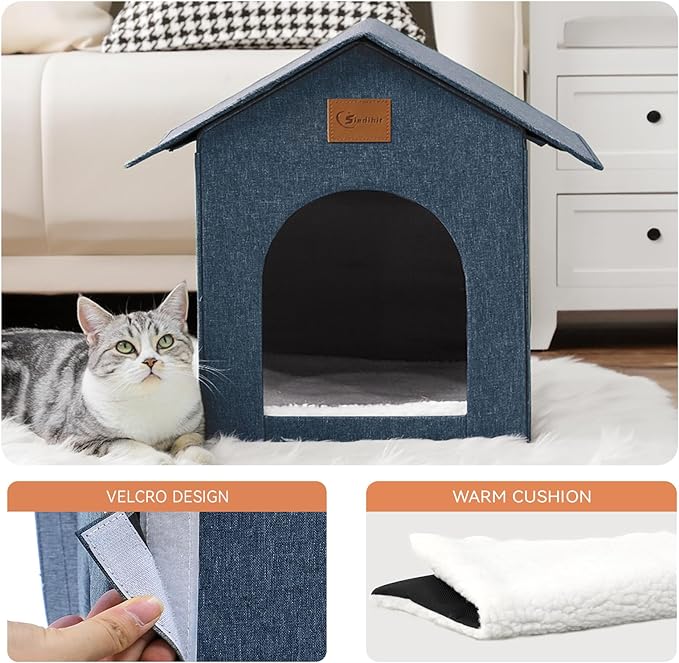 Outdoor Cat House, Outdoor Cat Shelter Feral Cat, Outside Waterproof Cat House for Outdoor/Indoor Cats, Insulated Cat House for Winter with Cozy Cushion, Easy to Assemble, Navy Blue