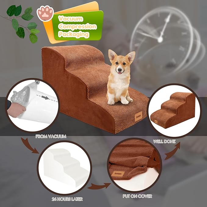 Foam Dog Stairs/Steps, 3 Tiers Pet Ramp/Ladder with Waterproof Cover for Bed Couch Sofa, Non-Slip, Dog Stair for Small Dogs Cats with Old/Injured/Short-Legged, 15.7" H Brown…