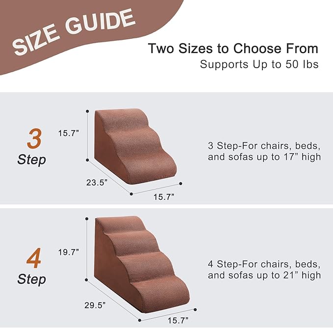 Dog Stairs Ramps for Small Medium Dogs to Beds and Couches Up to 18'', Dog Steps with Sturdy High-Density Foam, Pet Stairs with Non-Slip Bottom for Puppy and Cats, with Hair Remover Roller, Brown