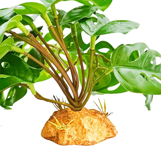 Reptile Artificial Plants with Base, Terrarium Decor Amphibian Habitat Plant, Bearded Dragon Tank Accessories fit Gecko Lizard Chameleon Snake Frog - Monstera Adansonni