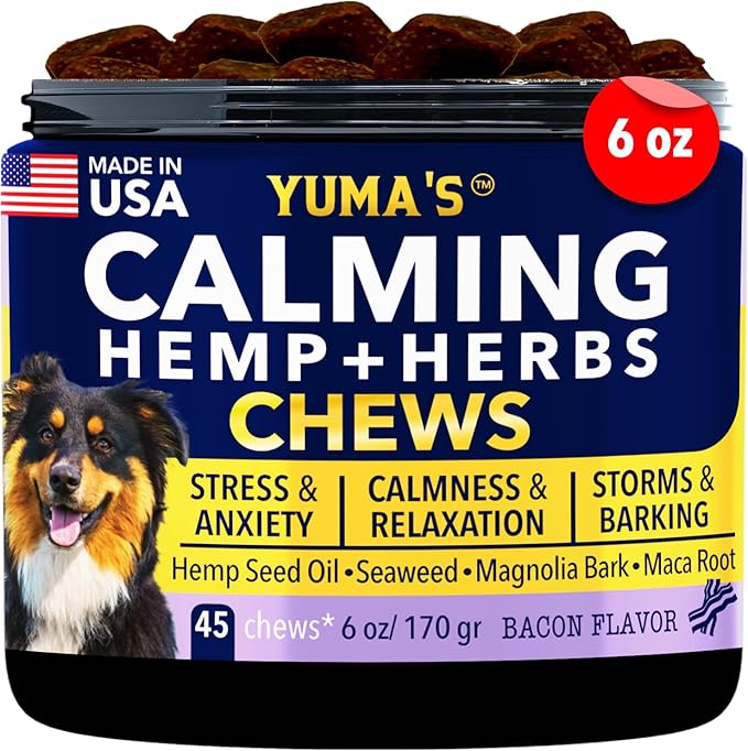 YUMA'S Hemp Calming Chews for Dogs - Advanced Dog Calming Treats - Dog Calming Chews - 45 Chews - Anxiety Relief Treats - Separation Aid, Barking, Stress Relief, Thunderstorms - Melatonin - Hemp Oil