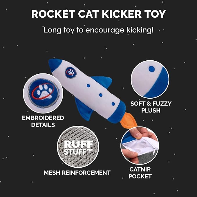 Furhaven Plush Cat Toy w/ Catnip for Indoor Cats, Washable & Durable w/ Refillable Catnip Pocket - Rocket Kicker Plush Toy - White/Blue, One Size