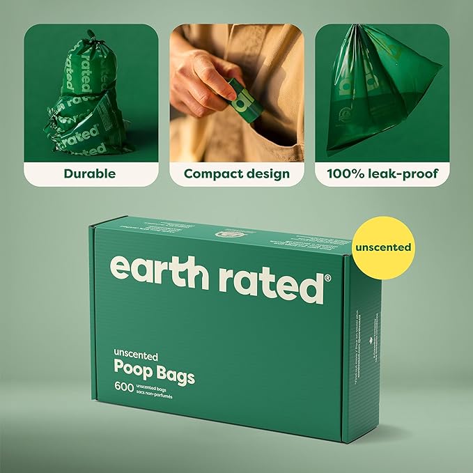 Earth Rated Dog Poop Bags Value Pack, Leak-Proof and Extra-Thick Pet Waste Bags for Big and Small Dogs, Refill Rolls, Unscented, 600 Count