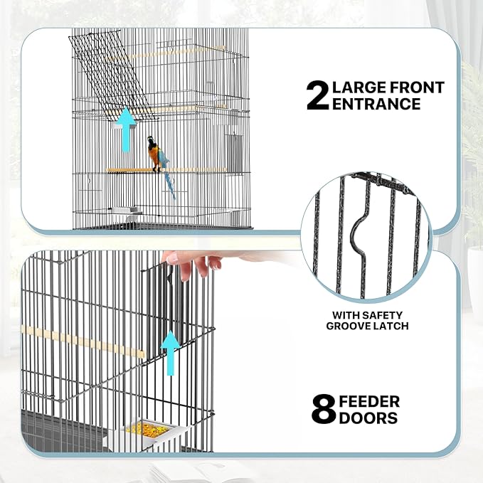 MoNiBloom 61 Inch Bird Cage with Detachable Rolling Stand, Large Flight Cage with Side-Out Tray for Parakeets Canaries Cockatiels Lovebirds Conures, Black