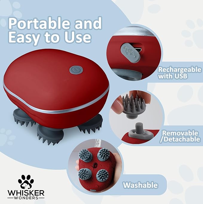 Red Scalp Massager Pet-Friendly Silicone Massage Brush - Soothing Head, Scalp and Body Scrubber for Pets - Cat Face Electric Sratchers - Gentle Grooming Tool for Ultimate Relaxation (Red)