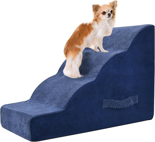 Dog Stairs 4 Steps, 19.6 inch High Pet Stairs, 30D Foam Dog Dtairs & Steps Curved Steps and Small Step Angle Protect Your Pet's Joints, Dog Steps for Small Dog, Dog Stairs to Bed, Blue