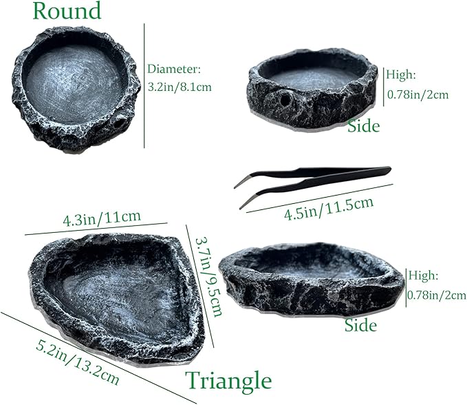 Reptile Feeding Dish Water Bowls 2 Pack Food Dish Water Dish Reptile Dish with Breadworm Feeding for Dragon Leopard Gecko Lizard Spider Scorpion Chameleon ((Round + Corner) Bowl+Tongs)