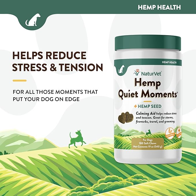 NaturVet Quiet Moments Calming Aid Dog Supplement, Helps Promote Relaxation, Reduce Stress, Storm Anxiety, Motion Sickness for Dogs (Quiet Moments Plus Hemp, 180 Soft Chews)