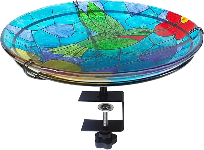 Deck Mounted Bird Bath for Outside, Bird Baths Deck Mounted Deck Bird Bath for Deck Railing, Glass Hummingbird Bird Bath Bowl Bird Feeders for Railing with Heavy Duty Adjustable Base-Hummingbird Blue