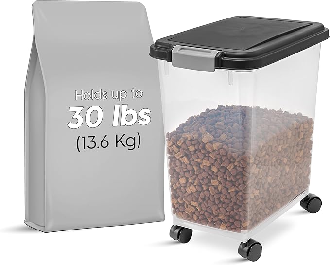 IRIS USA Airtight Dog Food Storage Container, Up to 30 lbs, Attachable Wheels, for Dog Cat Bird and other Pet Food Storage Bin, Keep Fresh, Easy Mobility, BPA Free, Black