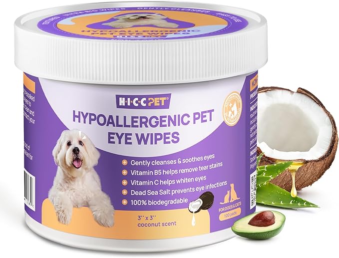 HICC PET Eyes Wipes for Dogs & Cats - Gently Remove Tear Stain, Eye Debris, Discharge, Mucus Secretions - Coconut Oil Pet Cleaning Grooming Deodorizing Wipes for Eyes, Wrinkle, Face - 100pcs