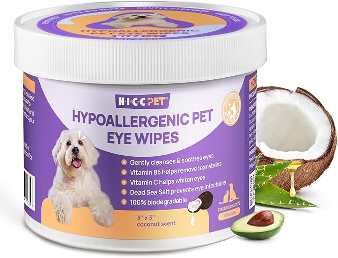 HICC PET Eyes Wipes for Dogs & Cats - Gently Remove Tear Stain, Eye Debris, Discharge, Mucus Secretions - Coconut Oil Pet Cleaning Grooming Deodorizing Wipes for Eyes, Wrinkle, Face - 100pcs