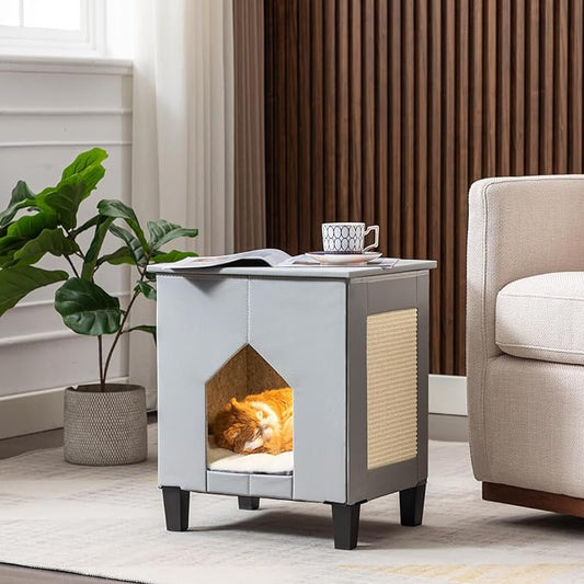 Cat House for Indoor Cats Condo,Cat Furniture with Large Area Cat Scratch Pad Cat Hideaway Cave,Leather Cat Bed Side Table & Nightstand for Living Room and Bedroom Decoration,Grey