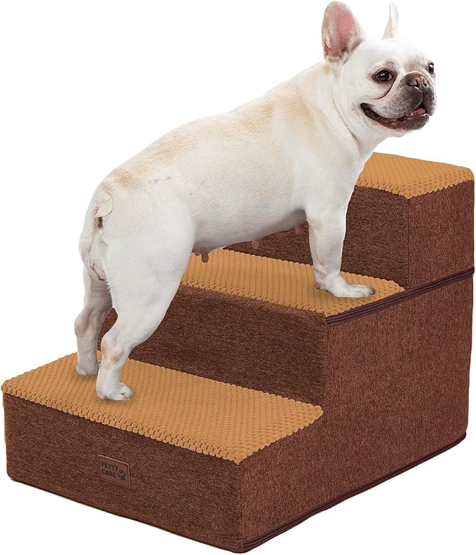 Dog Stairs for Small Dogs - Foam Pet Steps for High Beds and Couch, Non-Slip Folding Dog Steps Portable Pet Stairs for Large Dog and Cats,3 Step, Brown