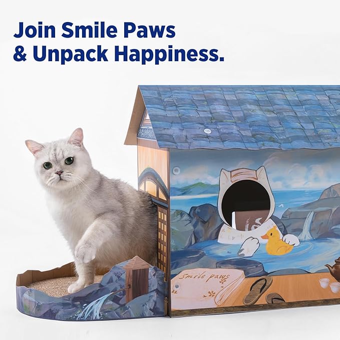 Cat Beds for Indoor Cats, Cardboard Cat House with Scratchers, Onsen Hotel, Large Sturdy Cat Furniture Condo Cave Tent, Easy to Assemble Pet Toys Accessories Stuffs, Bunny Small Animals