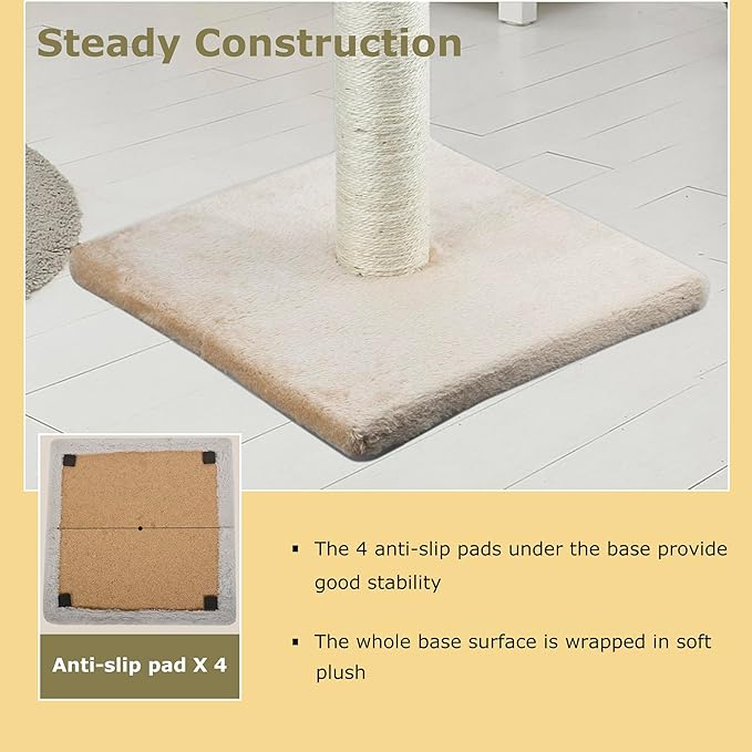 Tall Cat Scratching Post 34” Basic Vertical Scratcher for Indoor Cats and Kittens, Cat Scratch with Sturdy Sisal Rope and Hanging Ball, Large Heavy Plush Base (Light Brown)