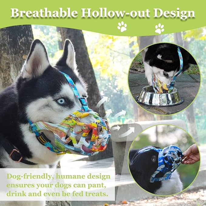 Dog Muzzle, Printed Basket Muzzle for Small Medium Large Dogs Dachshund, Beagle, German Shepherd, Breathable Pet Muzzles to Prevent Biting Chewing Scavenging, Allows Panting and Drinking