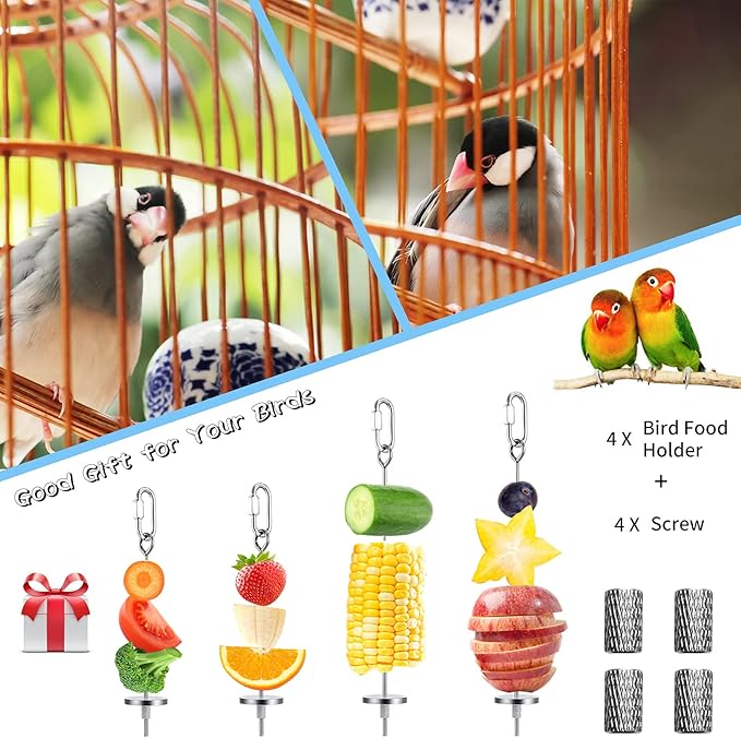 Daoeny 4Pcs Bird Feeder for Cage, Bird Foraging Toy, Stainless Steel Bird Food Holder, Small Animal Fruit Vegetable Stick Skewer, Hanging Food Feeding Treating Tool for Parrots Cockatoo Cockatiel Cage