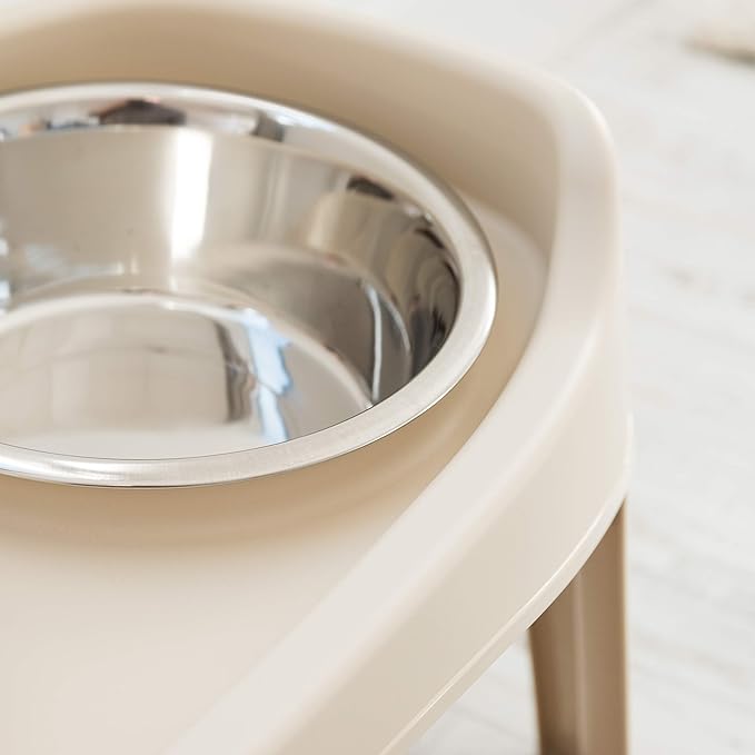 IRIS USA Elevated Dog Bowls, Adjustable Height, 2 Thick 64 oz Stainless Steel Bowls, Spill-Proof with Raised Outer Rim, Durable Made in USA Plastic, Easy Assemble, 2 Heights 4.63" or 12.25" Almond