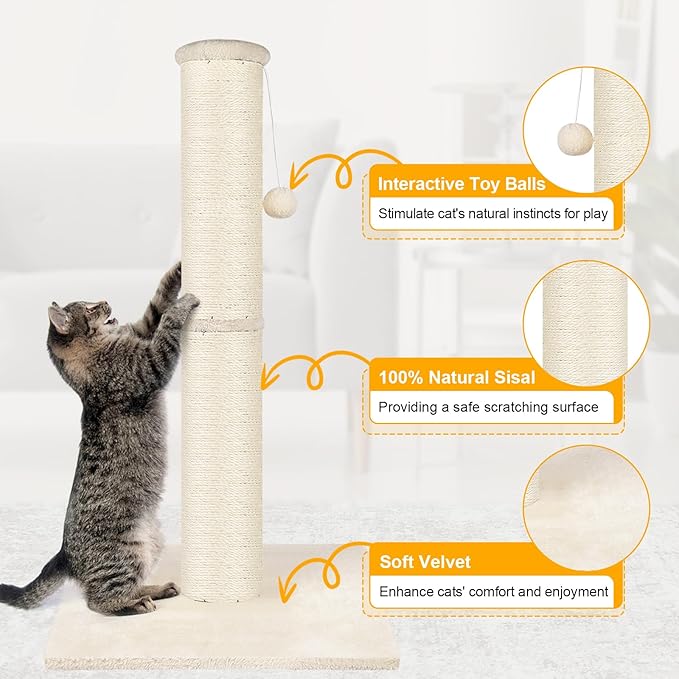 Cat Scratching Post 34 inch Mid, Nature Sisal Cat Scratch Post for Indoor Cats, Large Cat Scratcher Protect Your Furniture, for All Breeds, White