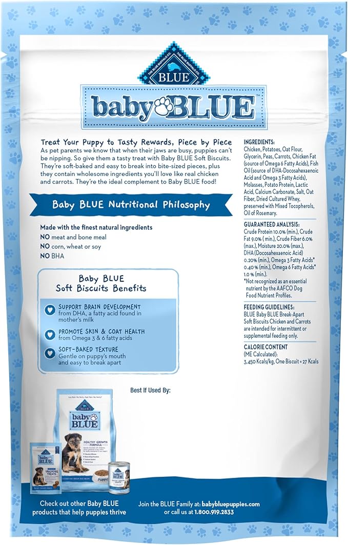 Blue Buffalo Baby BLUE Soft Biscuits with DHA, Natural Dog Treats for Puppies, Great for Training, with Chicken & Carrots, 8-oz. Bag (Pack of 2)