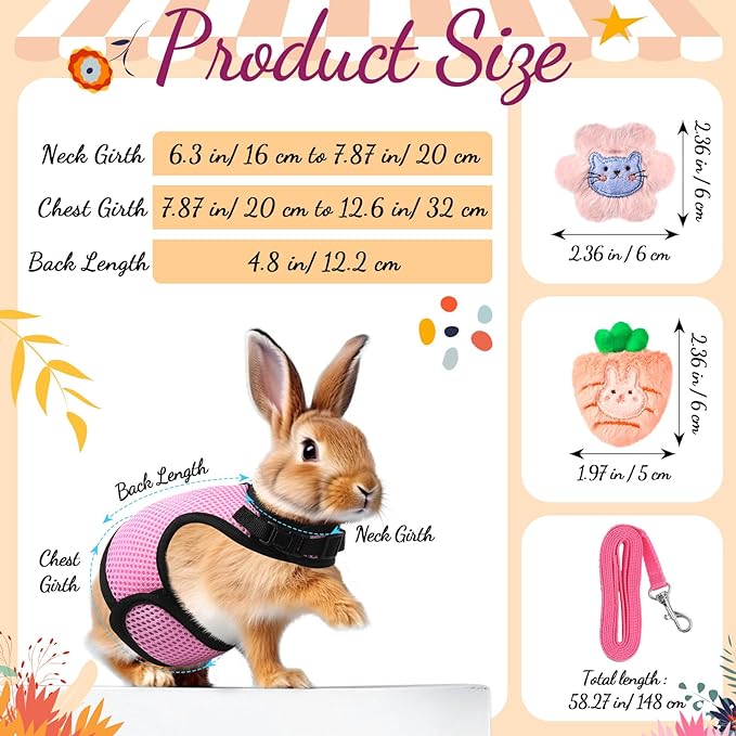 Rabbit Harness and Leash Set with 2 Cute Decorations Soft Adjustable Buckle Breathable Mesh Vest Harness for Rabbits Ferret Small Pig Puppy Walking Supplies (Pink,Cute Pattern)