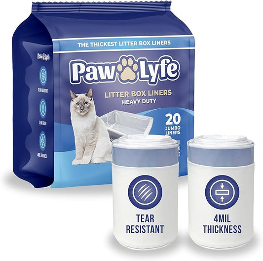 PawLyfe Litter Box Liners: Heavy Duty - Thickest Litter Liner on the Market 4MIL - Tear & Leak Resistant - Drawstring Close - Jumbo, 36” x 18” - 20 Count Jumbo Size Draw String Litter Liners for Cats