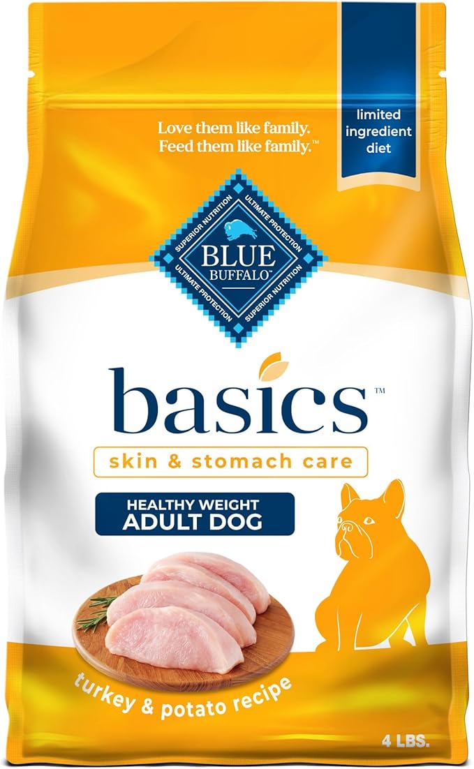 Blue Buffalo Basics Healthy Weight Adult Dry Dog Food, Skin & Stomach Care, Limited Ingredient Diet for Dogs, Turkey Recipe, 4-lb. Bag