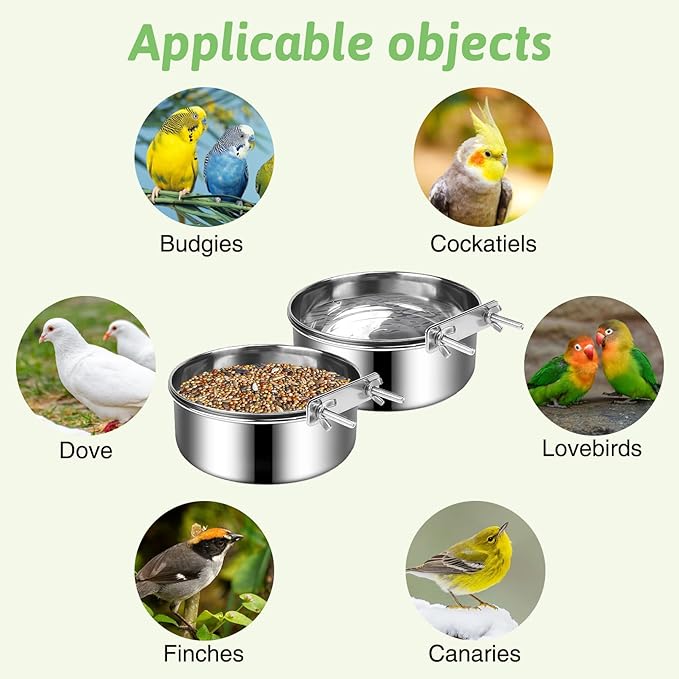 Tfwadmx 6 Pcs Stainless Steel Bird Bowls with Clamp,Clamp Holder Coop Cup,Bird Dishes for Cage, Bird Cage Water Bowl for Cockatiels Lovebird Budgie Chinchilla