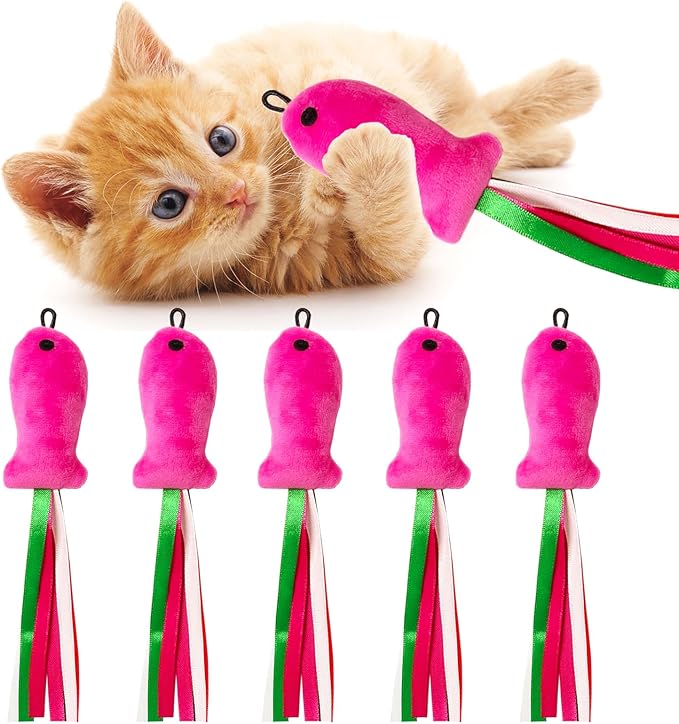 Cat Plush Toy Pink Fish, 5 PCS Catnip Toys for Cats, Soft Catnip Toys Filled Plush, Feather Teaser Accessories for Interactive Cat Wand Toy, Cat Chew Kicker Toys for Indoor Cats Kitten Exercise