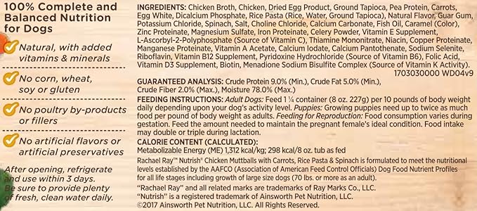 Rachael Ray Nutrish Premium Natural Wet Dog Food with Added Vitamins & Minerals, Chicken Muttballs Recipe, 8 Ounce Tub (Pack of 8)