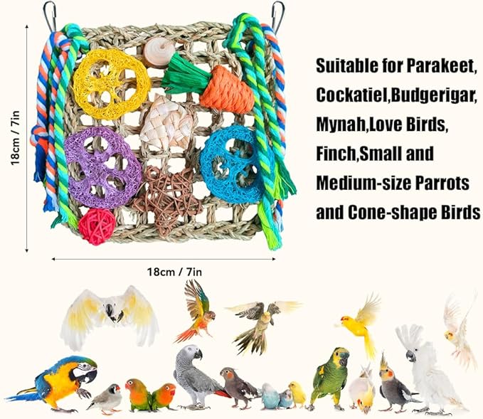 Parrot Toys, Bird Foraging Toys for Parakeets, Woven Climbing Hammock with Colorful Chewing Toys Seagrass Mat for Lovebirds, Parakeets, Budgerigars, Conure, Cockatiel