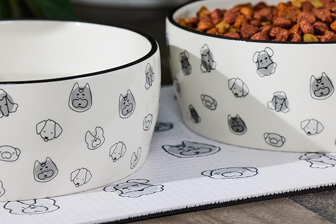 Pearhead Dog Faces Pet Bowl, Dog Water and Food Dish, Pet Owner Dog Accessory, Ceramic Dog Bowl, Microwave and Dishwasher Safe, Gray and White, Holds 9 Cups, Large