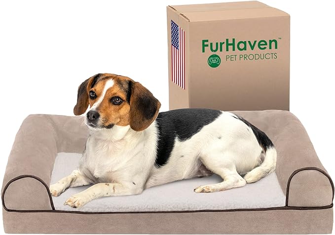 Furhaven Orthopedic Dog Bed for Medium/Small Dogs w/ Removable Bolsters & Washable Cover, For Dogs Up to 35 lbs - Sherpa & Chenille Sofa - Cream, Medium