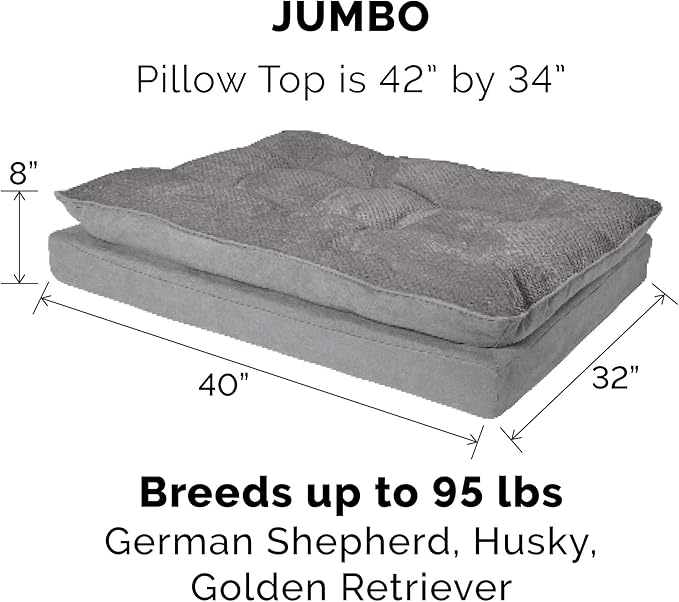 Furhaven Orthopedic Dog Bed for Large Dogs w/ Pillow Cushion Top & Removable Washable Cover, For Dogs Up to 95 lbs - Minky Plush & Suede Pillow Top Mattress - Titanium Gray, Jumbo/XL