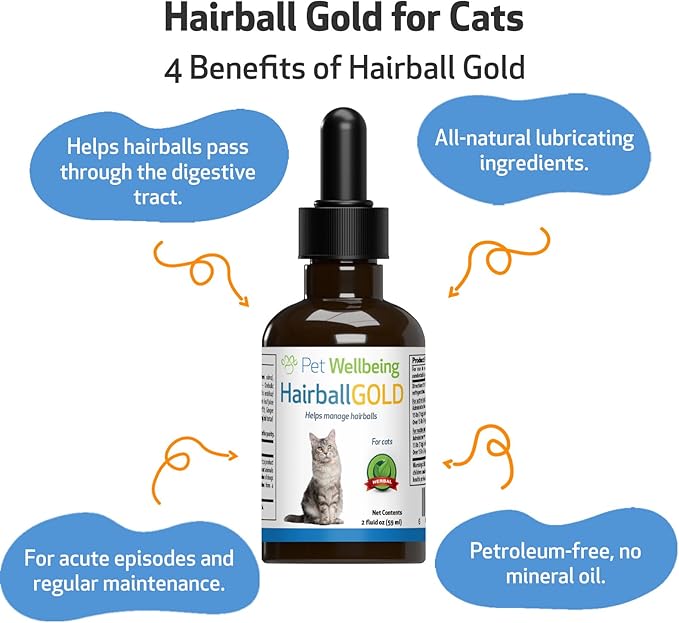 Pet Wellbeing Hairball Gold for Cats - Vet-Formulated - Eases Passage of Hairballs Through Digestive Tract - No Mineral Oil, All-Natural Lubrication - 2 oz (59 ml)