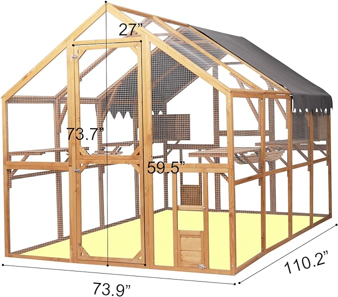 110 Inch Large Wooden Catio Outdoor Cat Enclosure w/ 2 Napping Houses, Luxury Pet-House with Jumping Platforms & Weatherproof Roof, Walk-in Kitty Kennel Condo Shelter