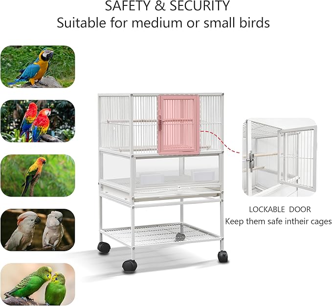 Parakeets Flight Bird Cage-30 inch 2 in1 Large Bird Cage with Rolling Stand Playtop Parrot Chinchilla Finch Cage Macaw Cockatoo Pet House Wrought Iron Birdcage, White