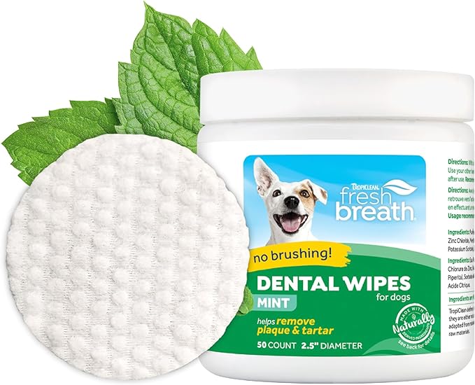 TropiClean Fresh Breath No Brushing Clean Teeth Dental & Oral Care Dental Wipes for Dogs, 50ct - Teeth Cleaning Wipes - Helps Wipe Away Plaque & Tartar - Freshens Breath - No Brushing Required