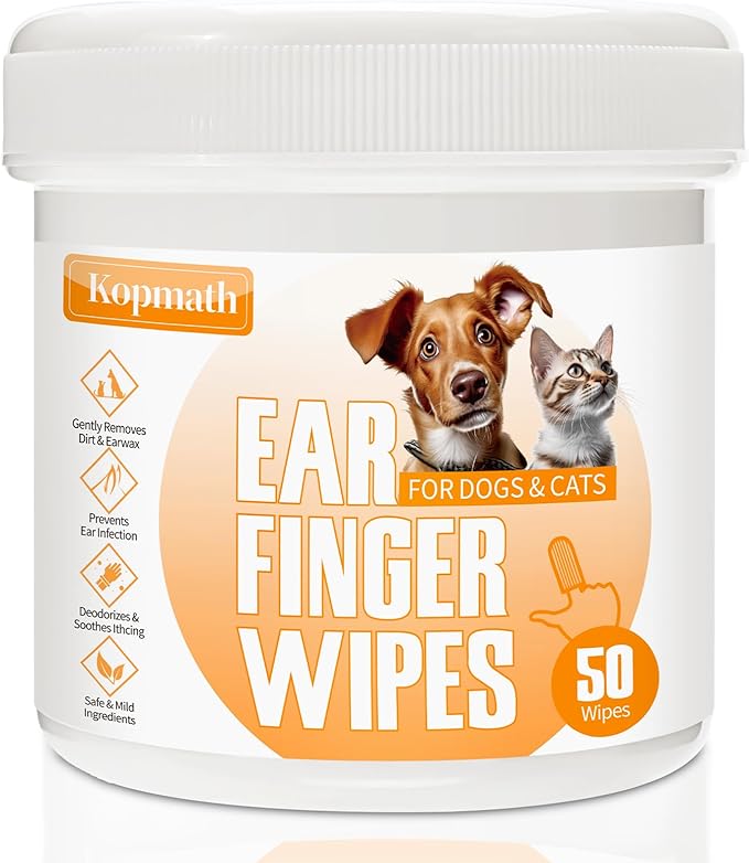 Dog Ear Wipes, Ear Cleaner Finger Wipes for Dogs & Cats, Gently Remove Earwax & Odor, Soothe Ear Itching and Infection, Easy to Use, Natural Cat Ear Wipes for Dogs, 50 Disposable Count