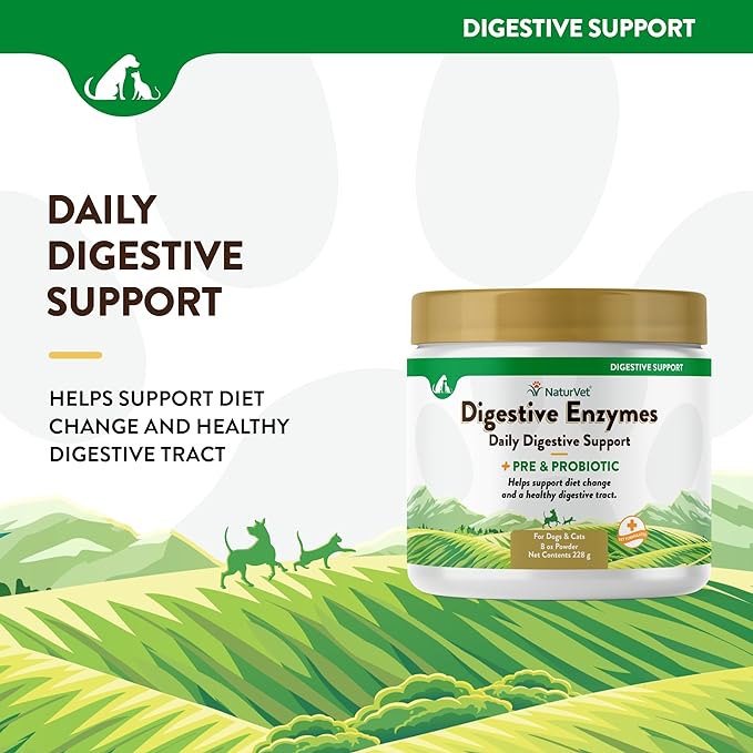 NaturVet – Digestive Enzymes for Dogs - Plus Probiotics & Prebiotics | Helps Support Diet Change & A Healthy Digestive Tract | for Dogs & Cats | 8 oz Powder