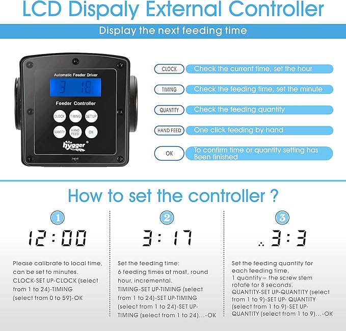 hygger LCD Control Automatic Pond Fish Feeder, Capacity 5.5L，DC 12V