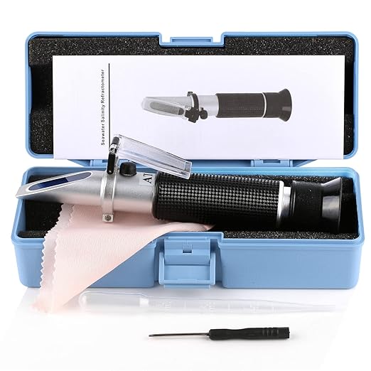 Water Salinity Refractometer, Dual Scales Hydrometer: Specific Gravity 1.000-1.070 & PPT 0-100 (1‰ = 1ppt = 1000 ppm), Handheld Seawater Tester for Aquarium, Marine Fish-Keeping, Pool Tank