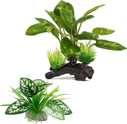 Reptile Artificial Plants, Terrarium Plants Decorations Supplies, Aquarium Fish Tank Plant, Amphibian Habitat Hideout Tank Accessories (M Set-2pcs/E)