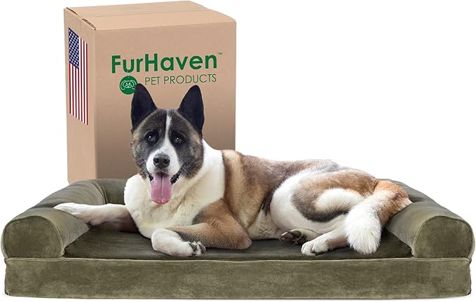 Furhaven Cooling Gel Dog Bed for Large Dogs w/ Removable Bolsters & Washable Cover, For Dogs Up to 95 lbs - Faux Fur & Velvet Sofa - Dark Sage, Jumbo/XL