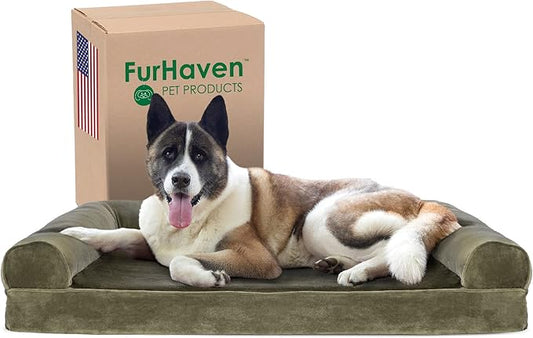 Furhaven Cooling Gel Dog Bed for Large Dogs w/ Removable Bolsters & Washable Cover, For Dogs Up to 95 lbs - Faux Fur & Velvet Sofa - Dark Sage, Jumbo/XL