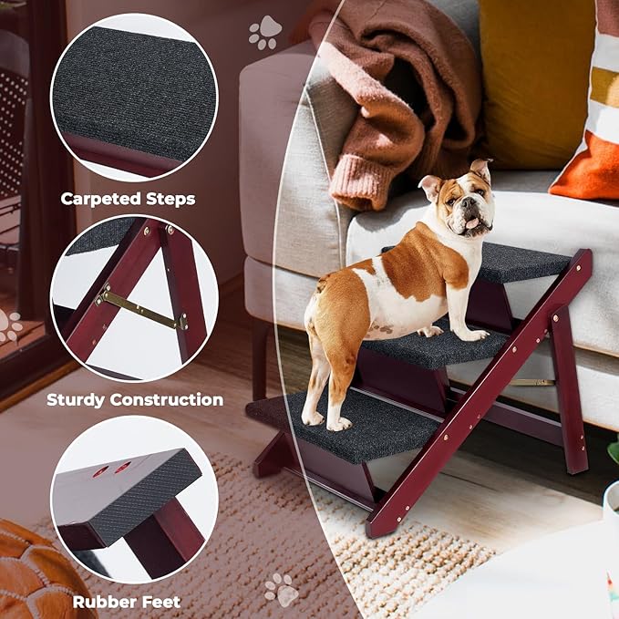 Wooden Dog Stairs/Steps 19.5”H - Foldable 3 steps Dog Steps for High Bed Couch Cars, Non-Slip Pet Stairs for Small Large Medium Dogs and Cats, No Assembly Required